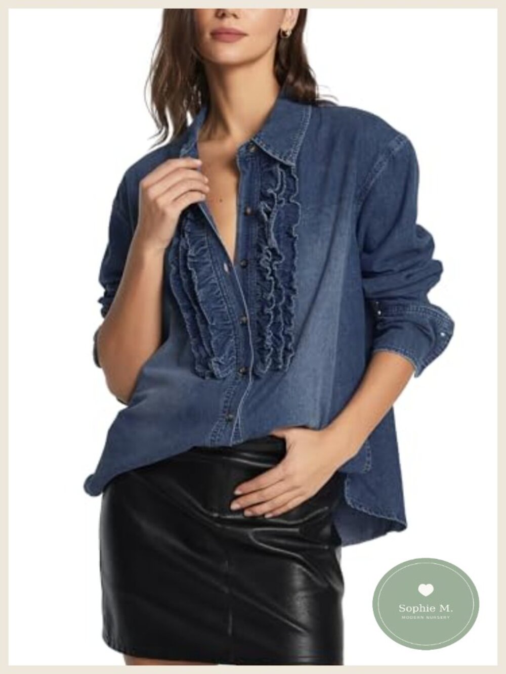 Women's Denim Button Down Shirt Ruffled Long Sleeve High Low Hem